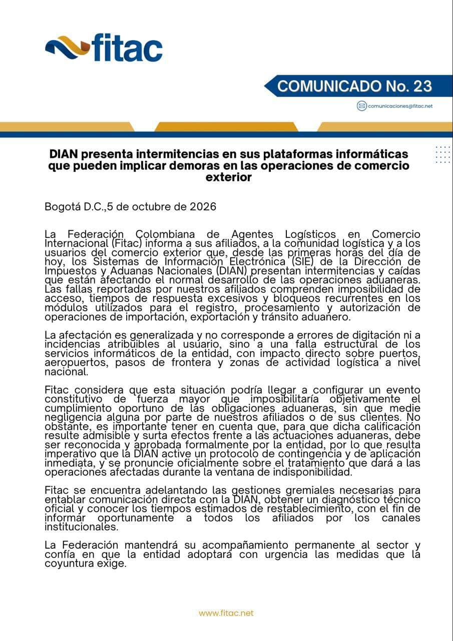 Comunicado No. 23 de Fitac sobre intermitencias en las plataformas informáticas de la DIAN