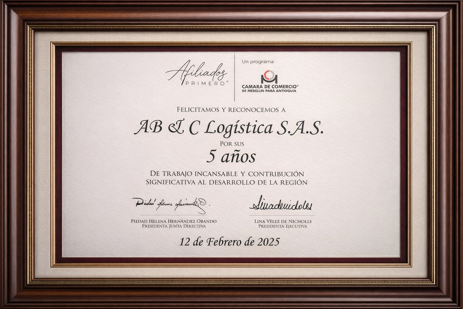 Reconocimiento Cámara de Comercio de Medellín - AB & C Logística SAS